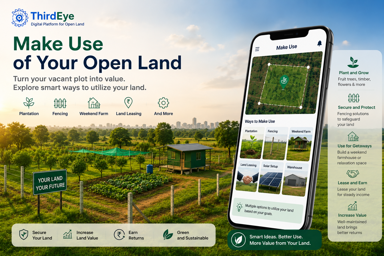Aerial view of a measured vacant land plot at night with a map app